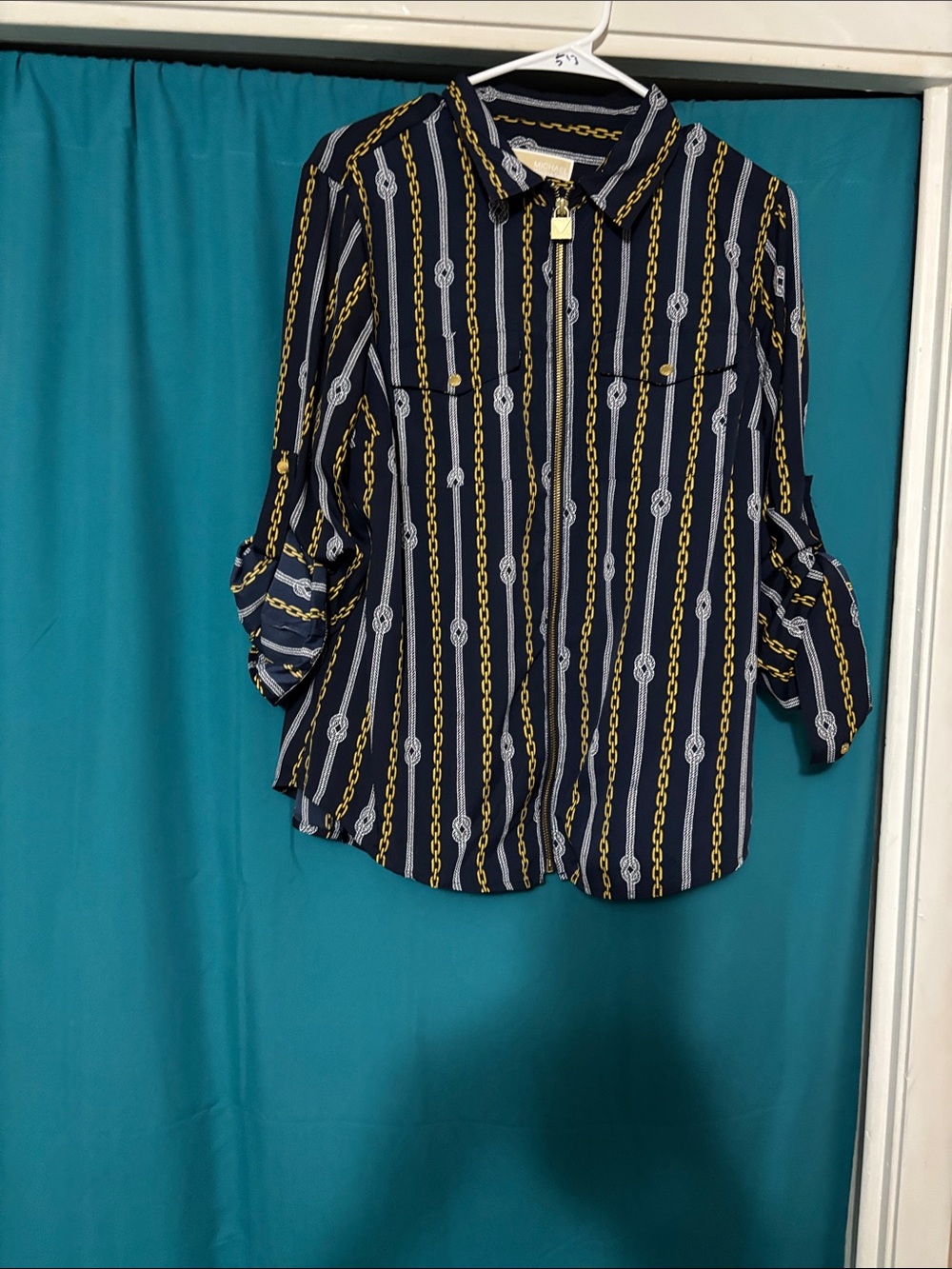 Michael Kors Navy and Gold Chain-Print Blouse
